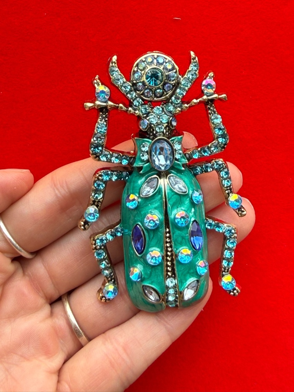 American Vintage Green and Blue Jeweled Bug Brooch